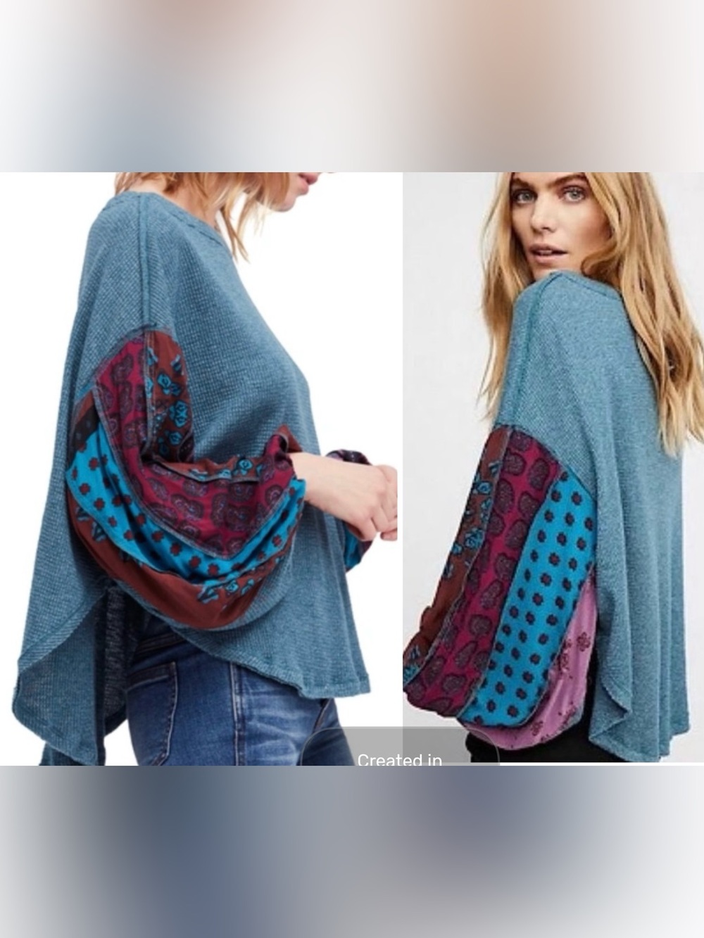 FREE PEOPLE • WE THE FREE Blossom Thermal Top Patchwork Sleeves Size Small